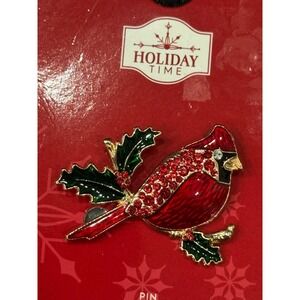 Cardinal Brooch with Red Rhinestones & Enamel Sitting Holly Branch Christmas Pin